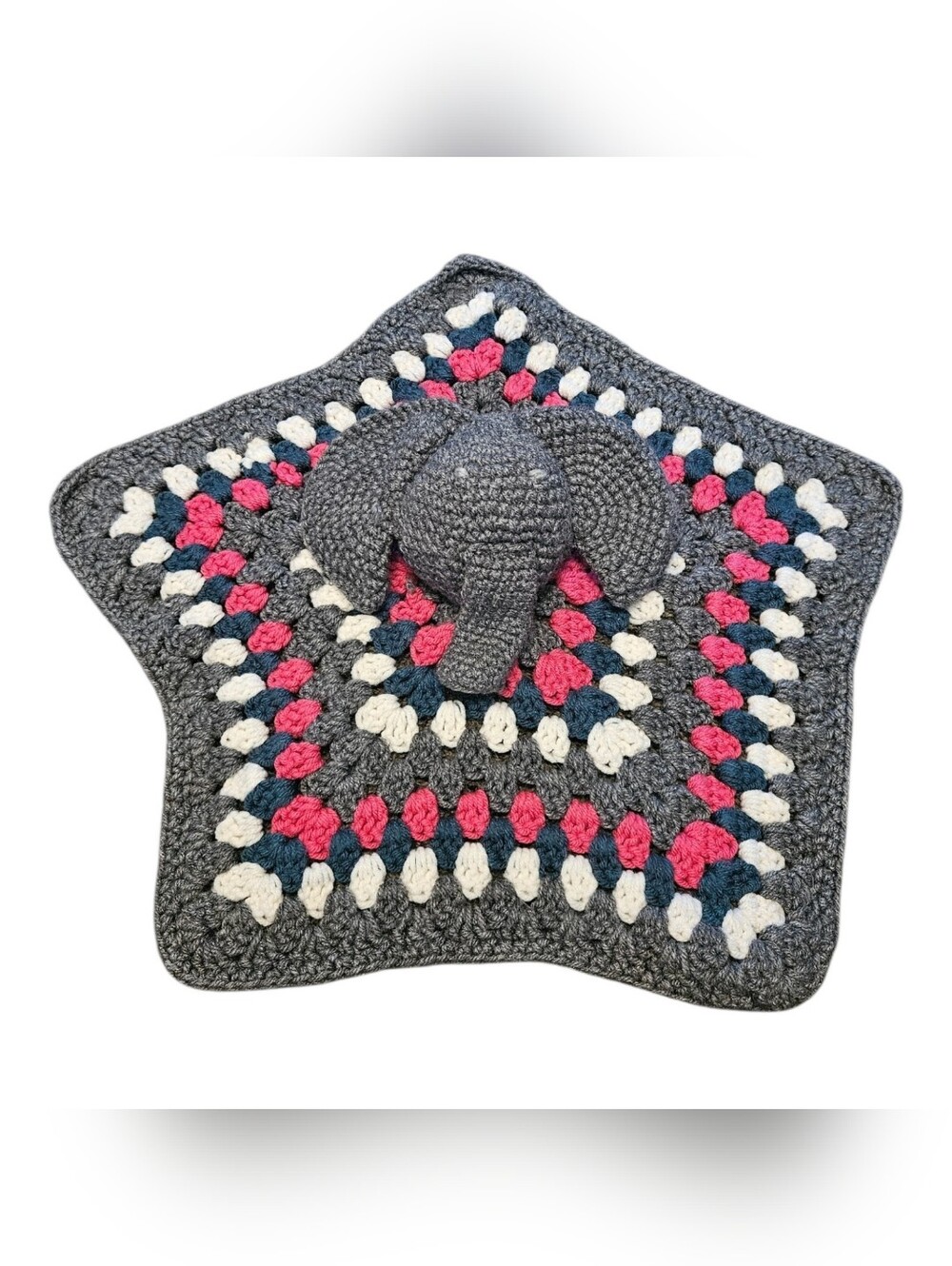 Handmade Crochet Elephant Toy Baby Lovey Security Blanket Gray Pink White